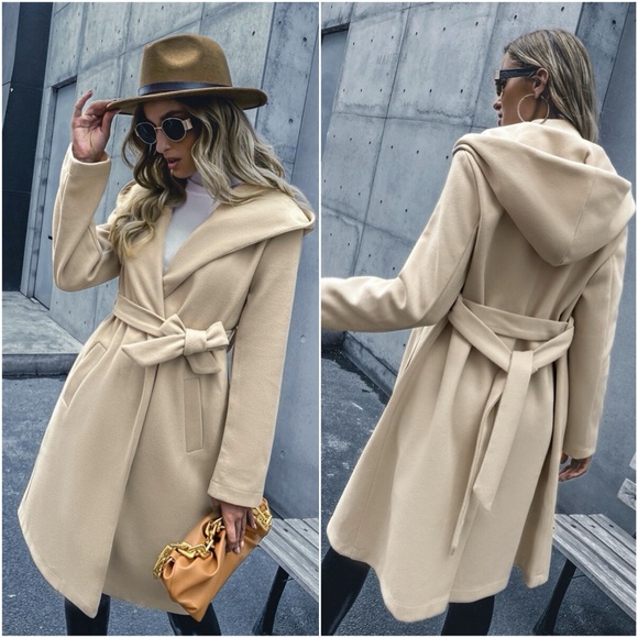 Jackets & Blazers - cream waist tie pocket hoodie trench coat jacket